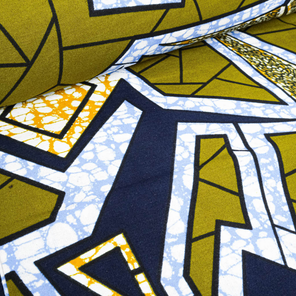 Khaki Green Wax Fabric with Blue Pattern - Maison Klem